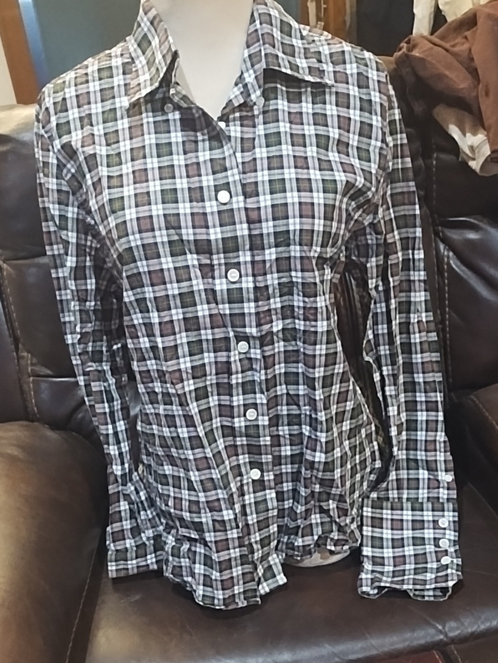 Faconnable Burgundy Green And White Plaid Button-Down Shirt